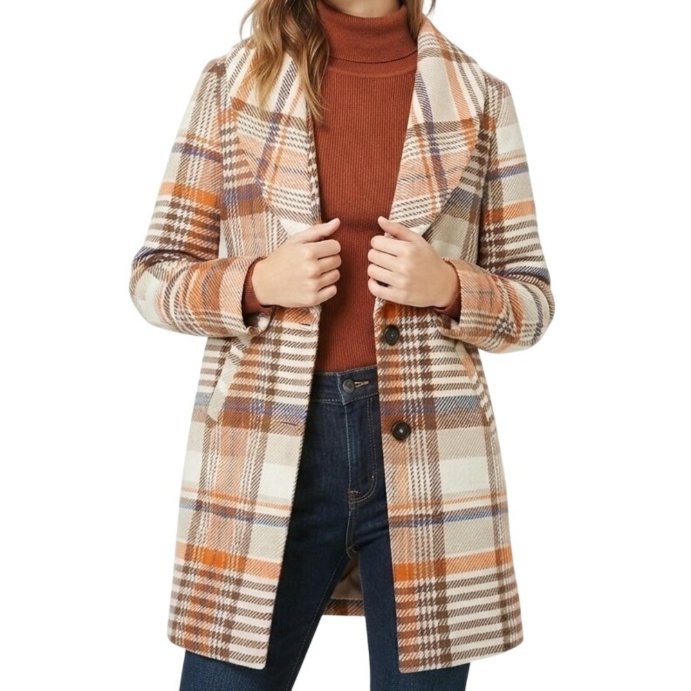 Forever 21 Plaid Overcoat Womens Large Orange Brown Longline Peacoat Jacket